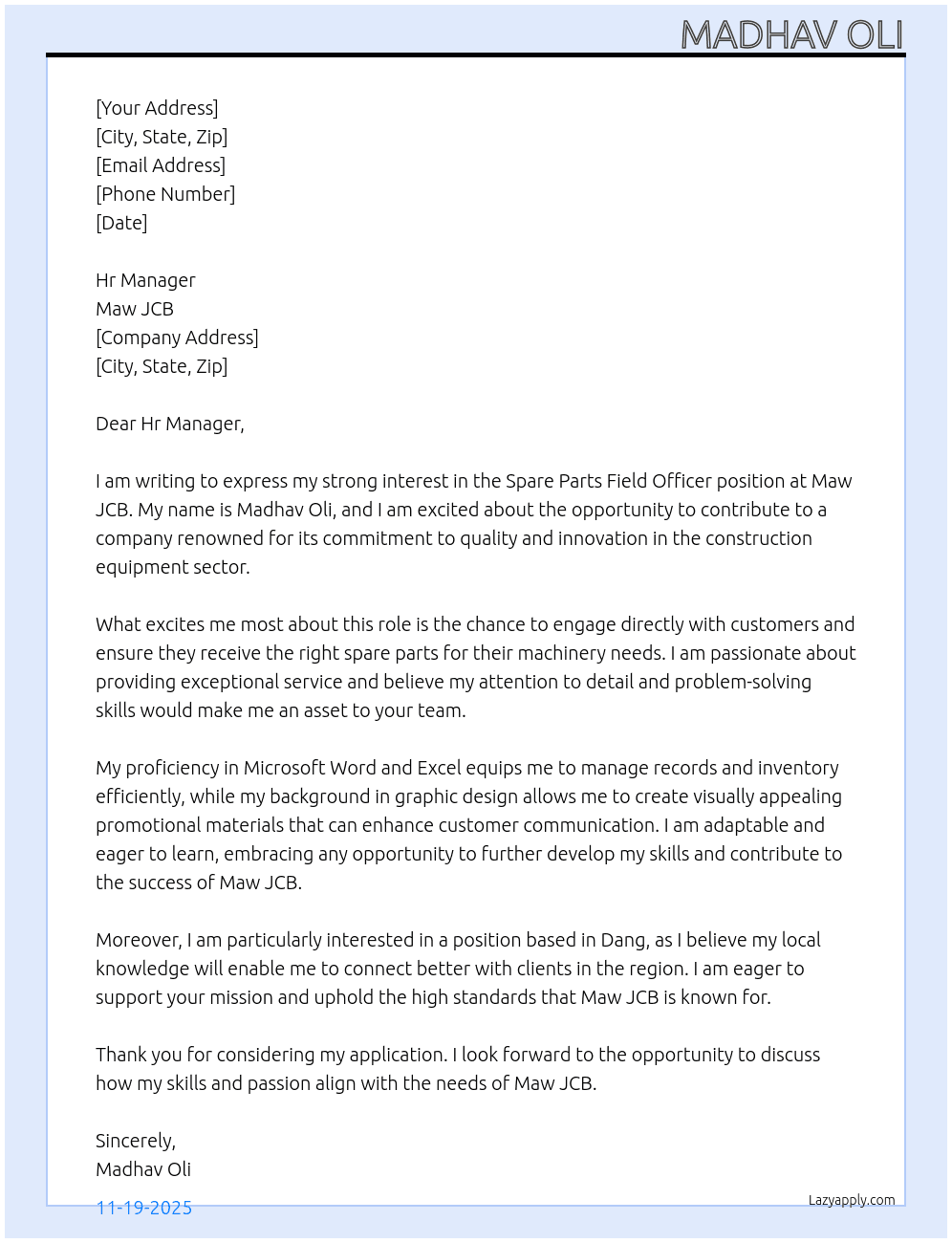 Spare parts field officer At Maw jcb Cover Letter