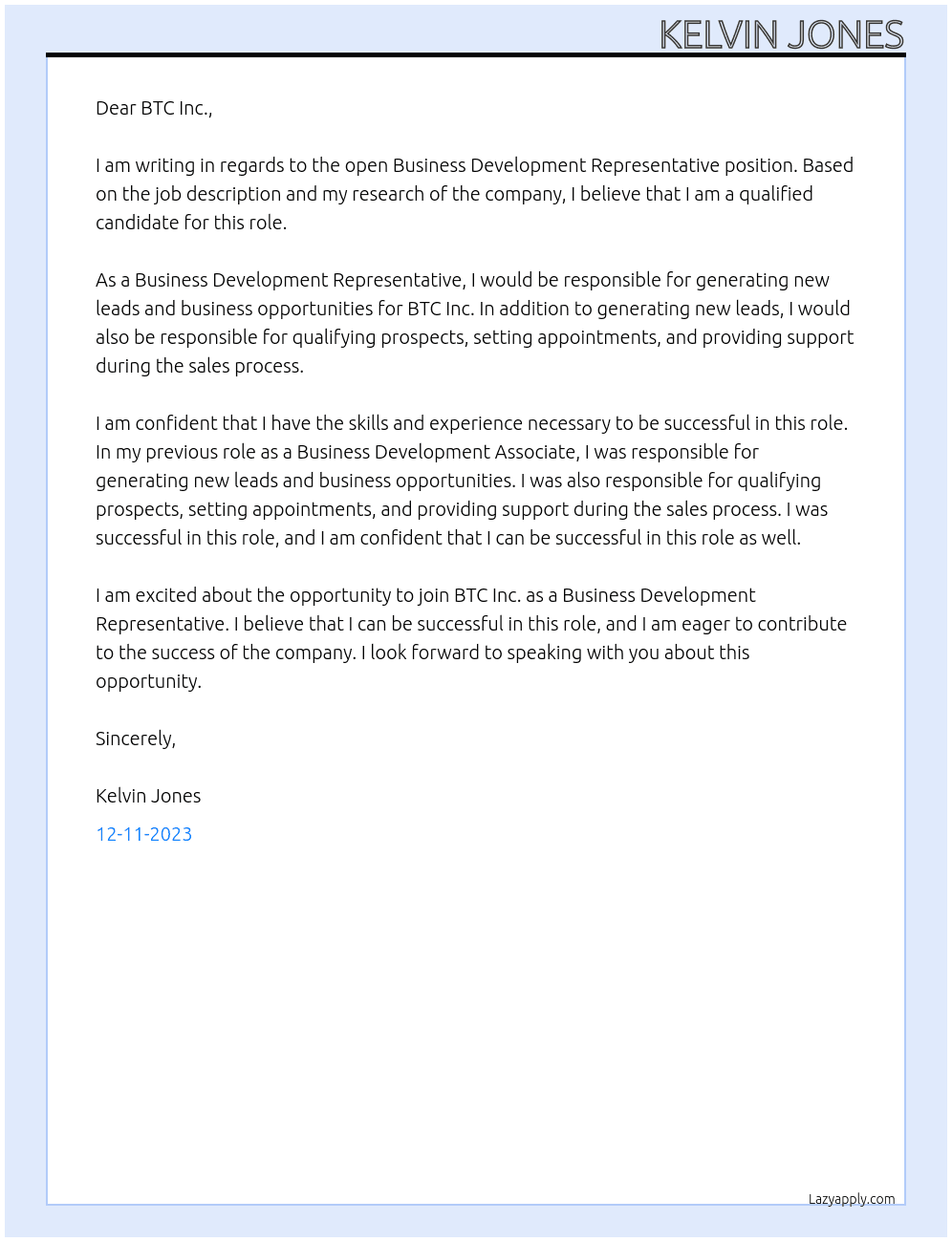 Business Development Representative At BTC Inc Cover Letter