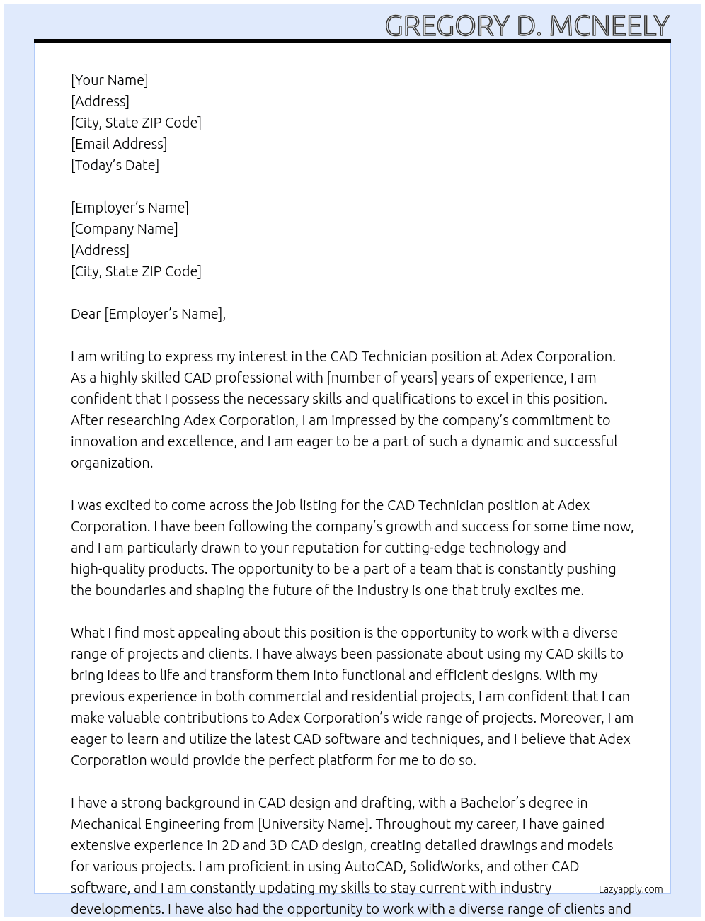 CAD TECHNICIAN At Adex Corporation Cover Letter