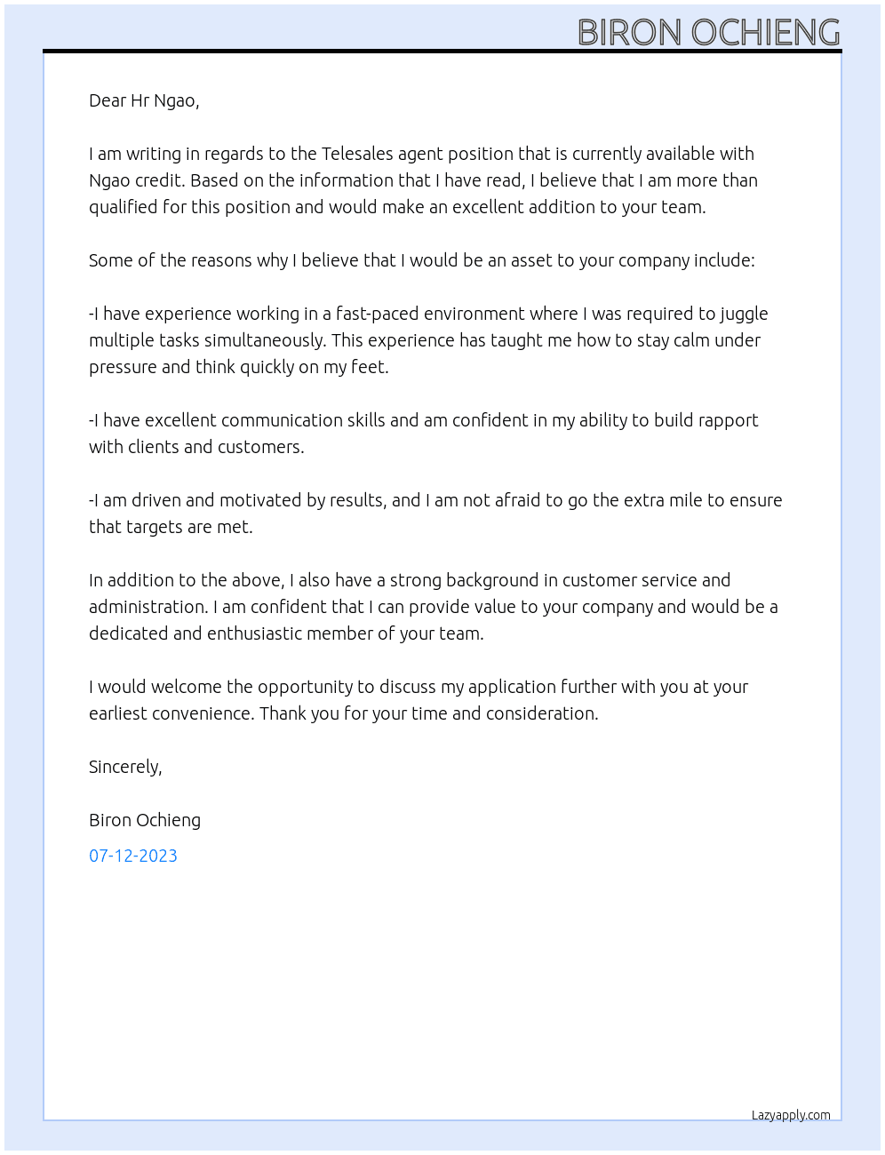Telesales agent At Ngao credit Cover Letter