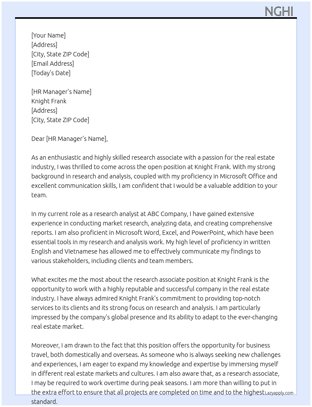 Research Associate  At Knight Frank  Cover Letter