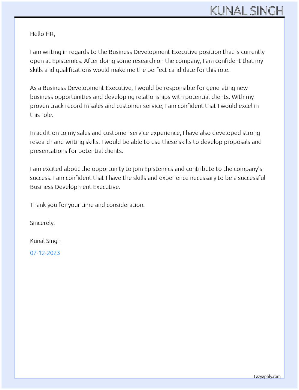 Business development executive  At Epistemics Cover Letter