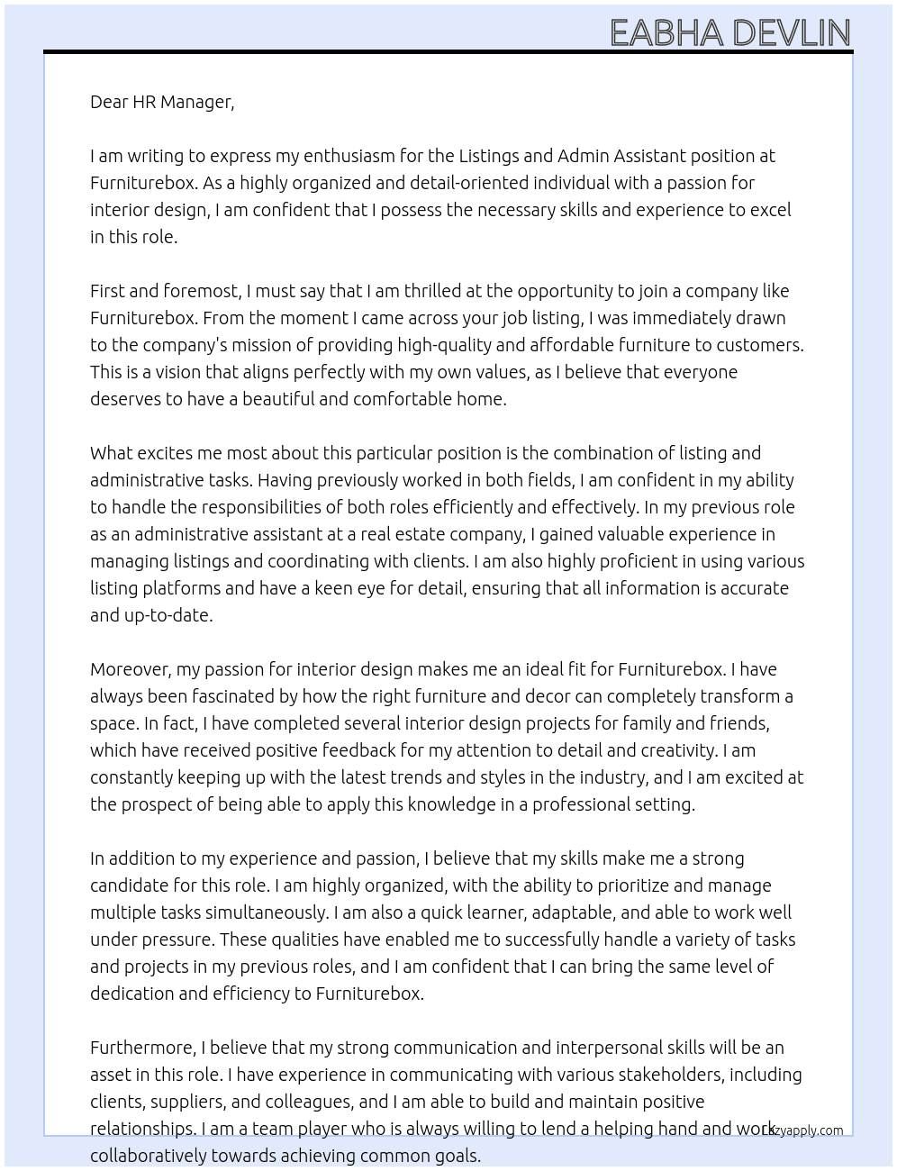 Listings and admin assistant At Furniturebox Cover Letter