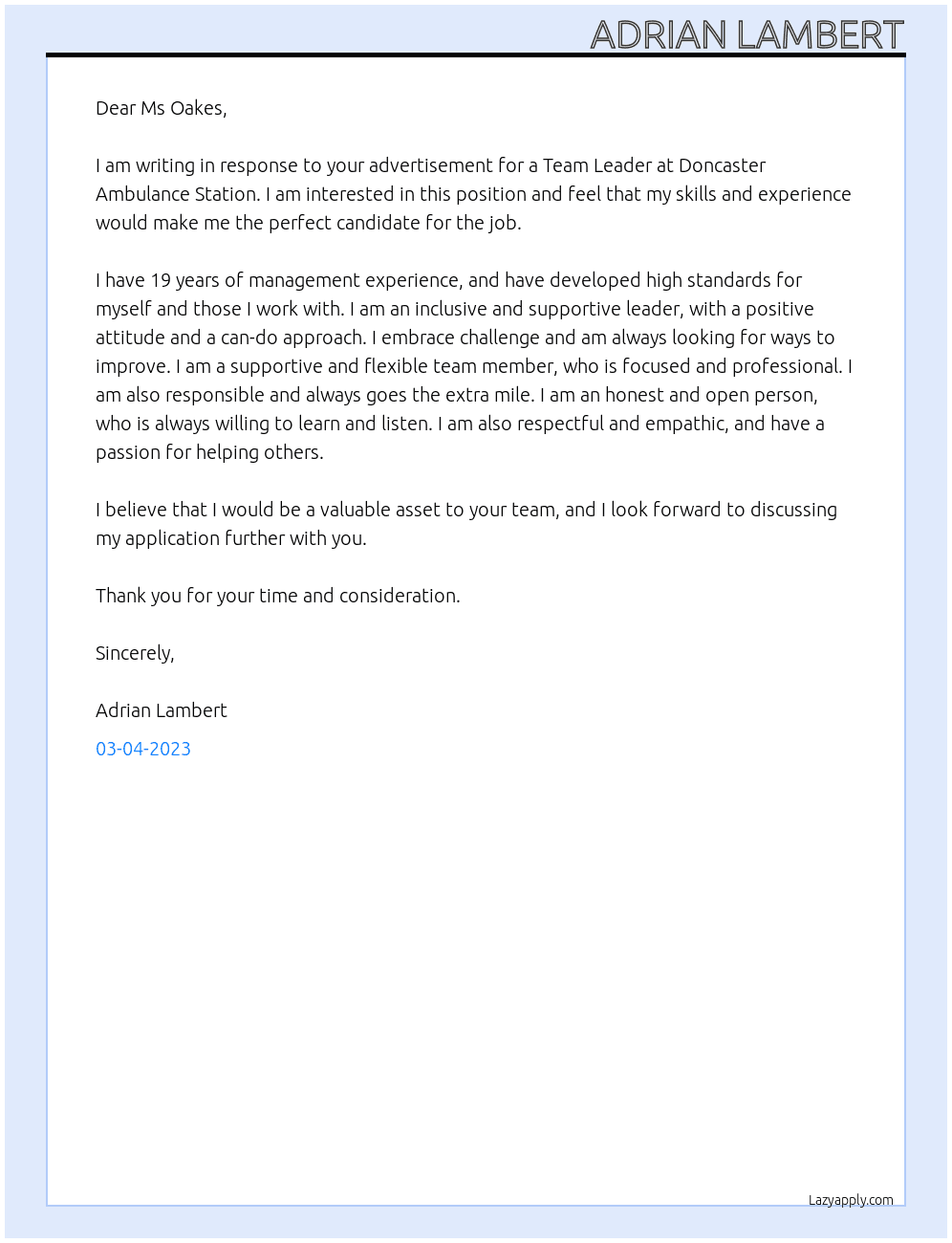 Team Leader At Doncaster Ambulance Station Cover Letter