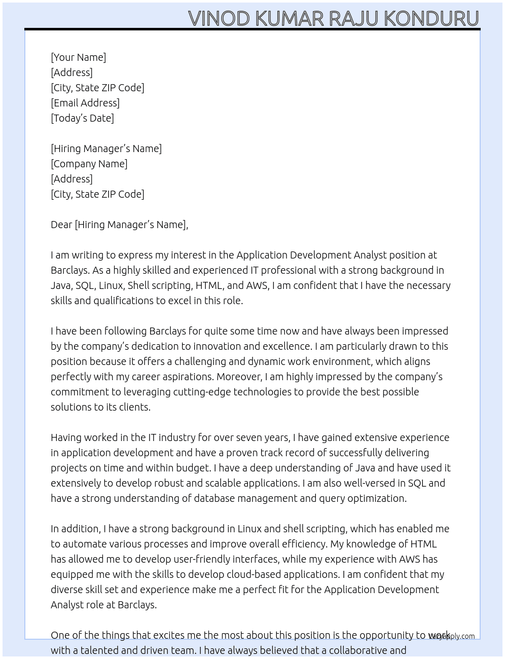 Application Development Analyst At Barclays Cover Letter