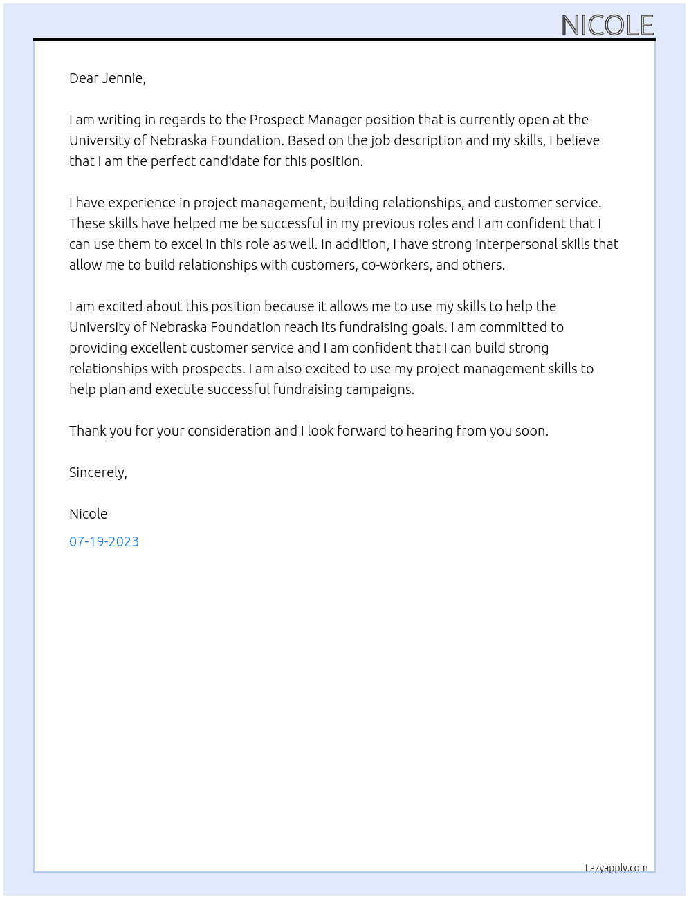 Prospect Manager At University of Nebraska Foundation Cover Letter