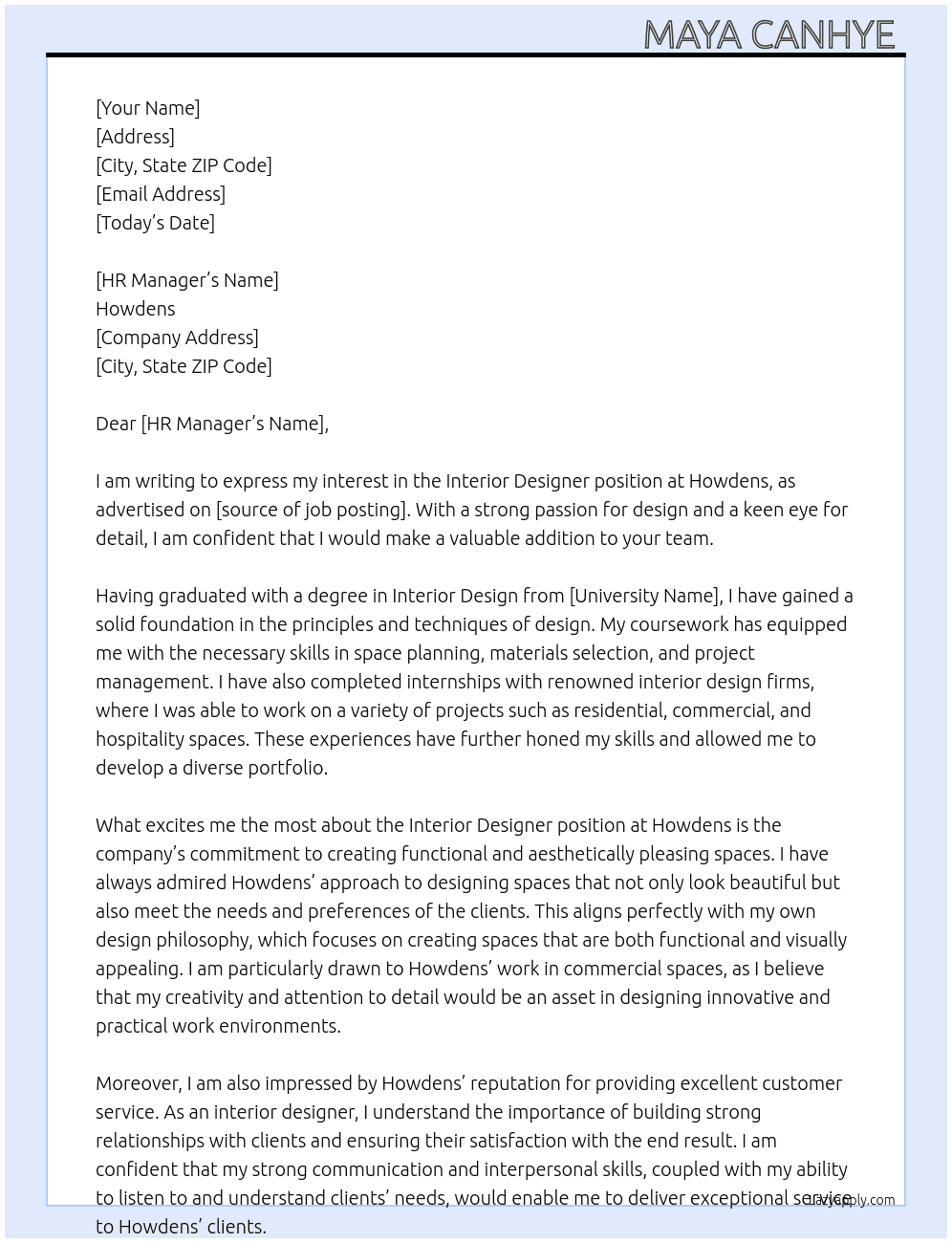 Interior designer  At Howdens Cover Letter