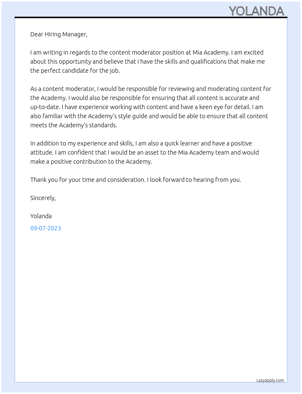 Content Moderator  At Mia Academy  Cover Letter