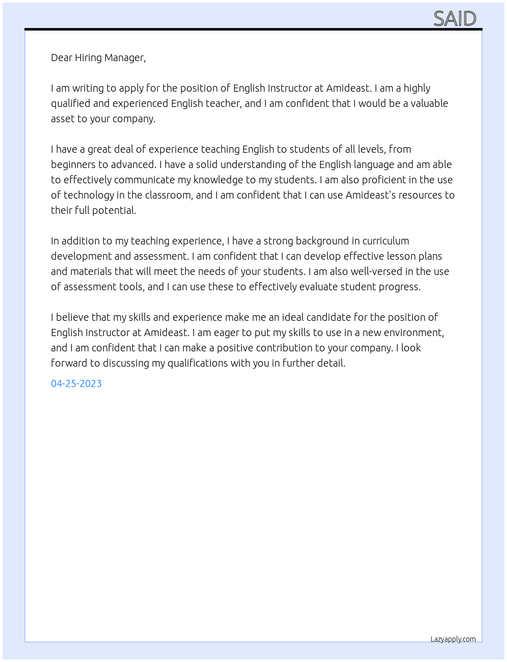 English Instructor At Amideast Cover Letter