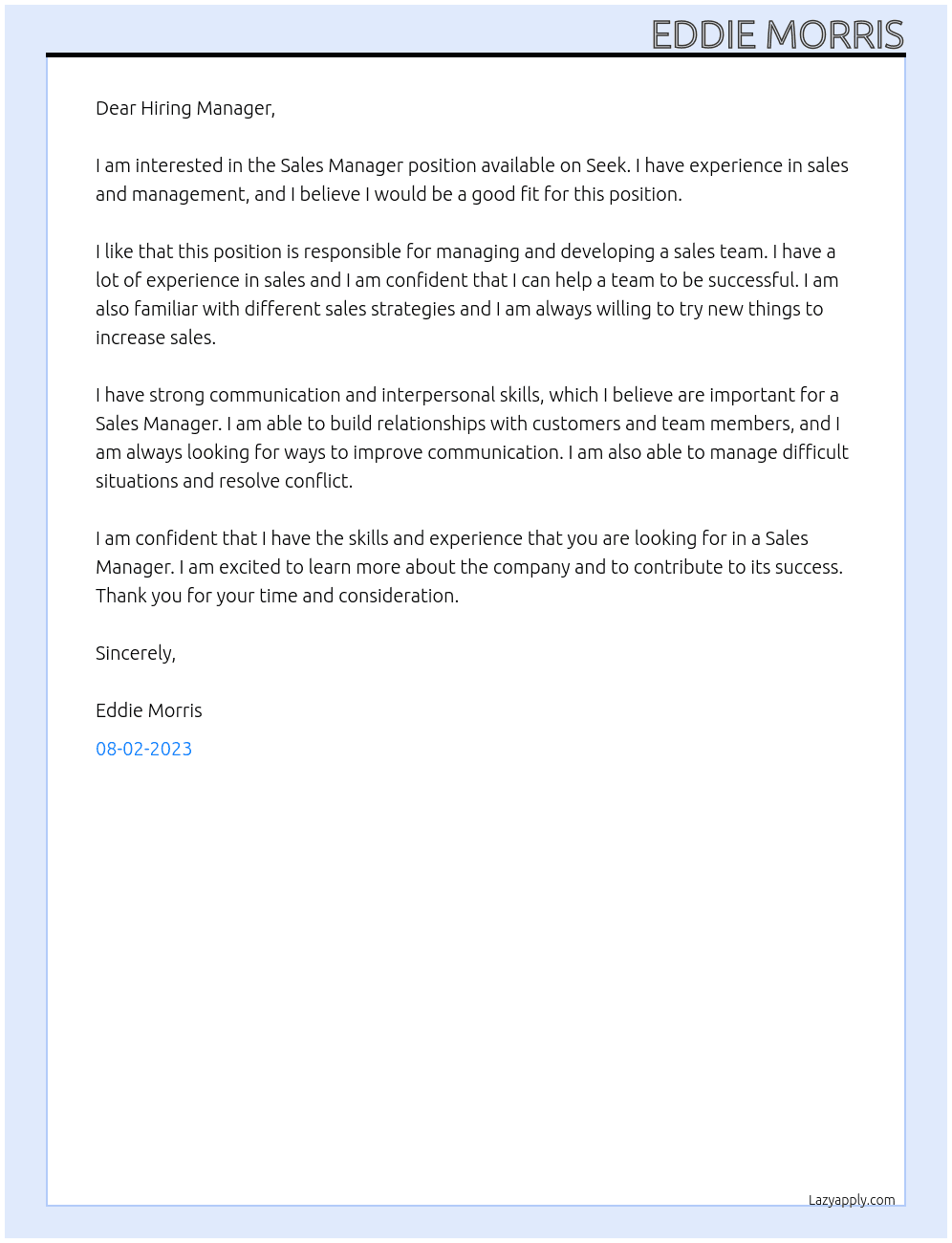 Sales Manager  At Position available on Seek Cover Letter