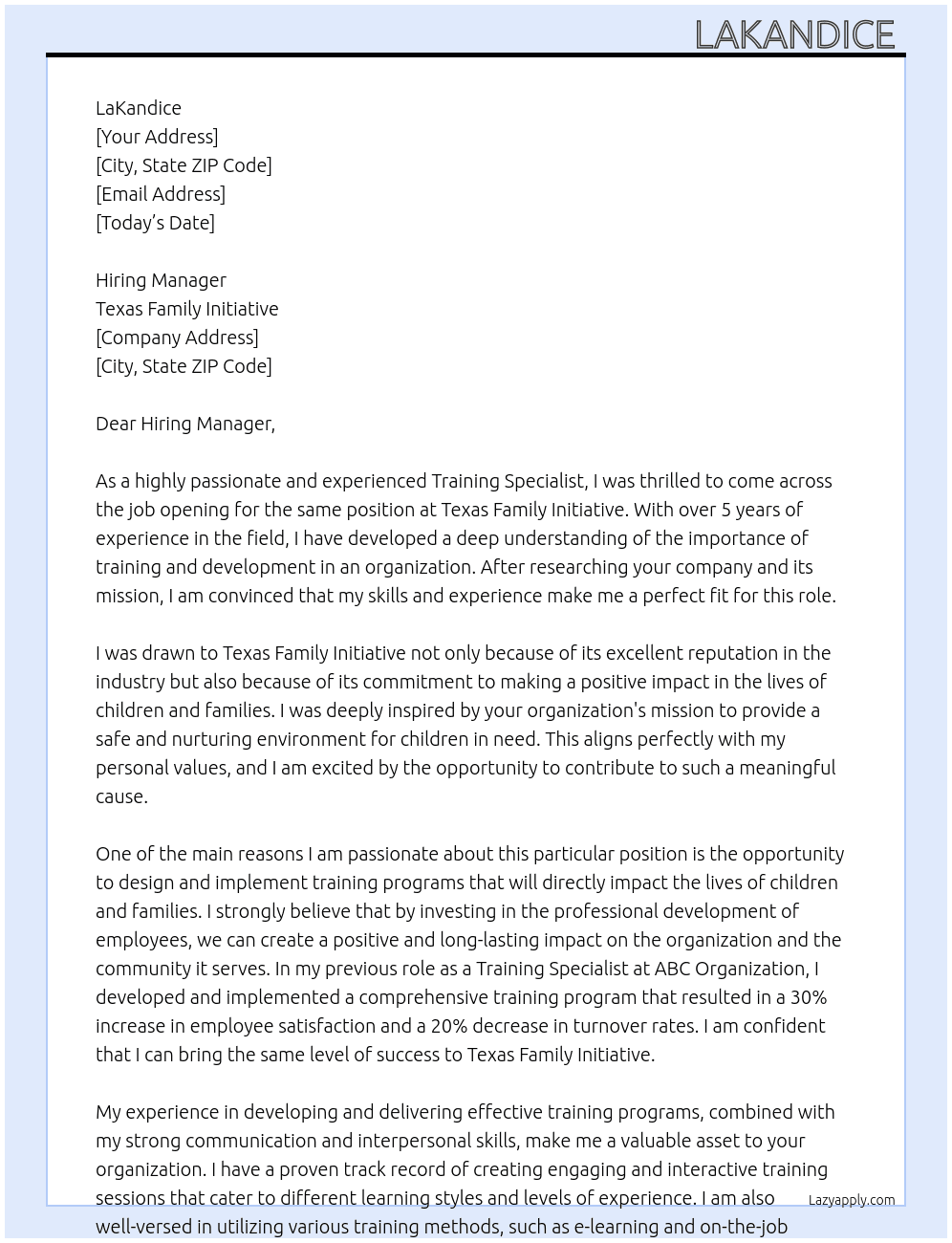 Training Specialist At Texas Family Initiative  Cover Letter
