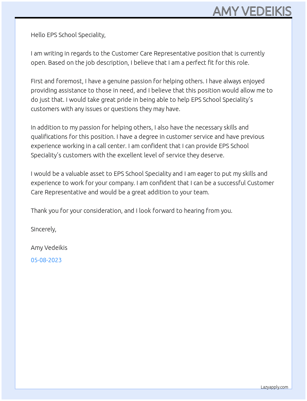 Customer Care Representative At EPS School Speciality Cover Letter