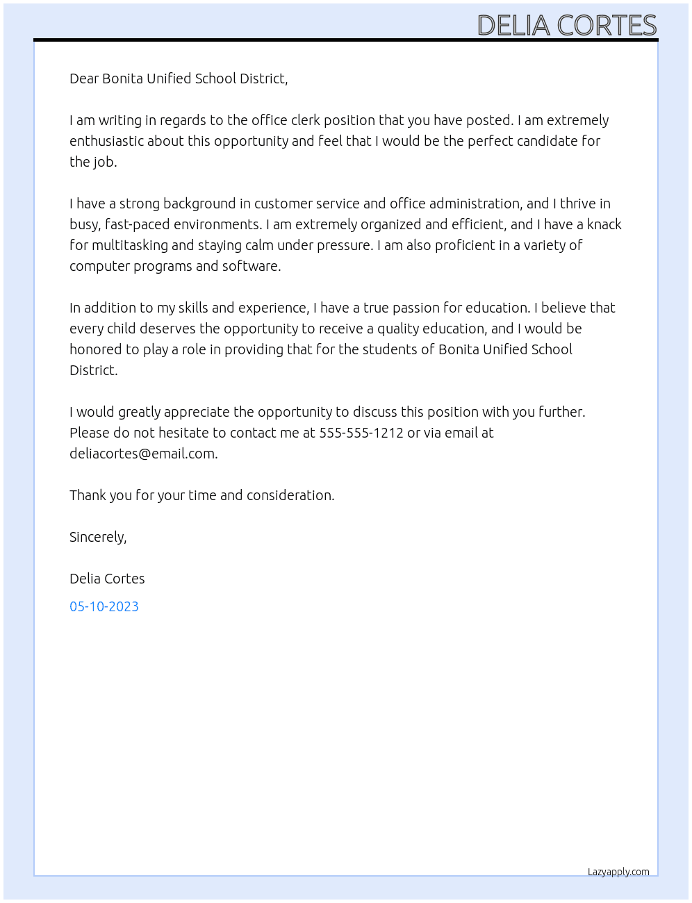 Office clerk At Bonita unified school district Cover Letter