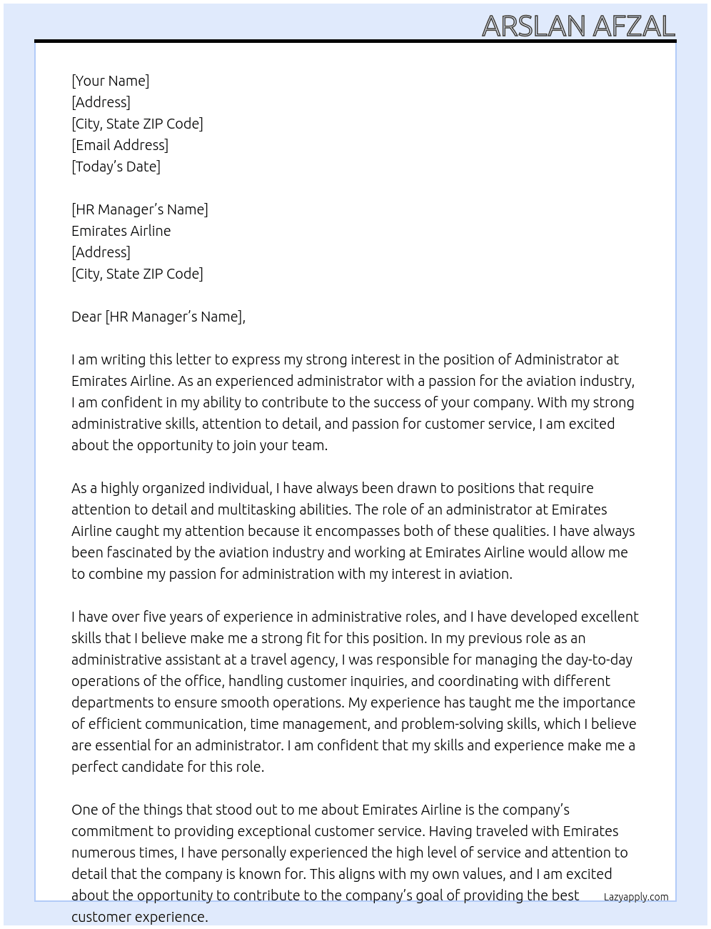 ADMINISTRATOR At EMIRATES AIRLINE Cover Letter
