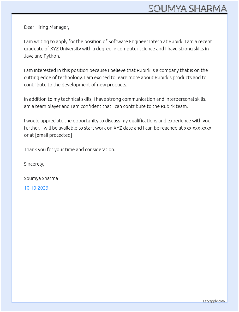 Software engineer intern At Rubirk Cover Letter