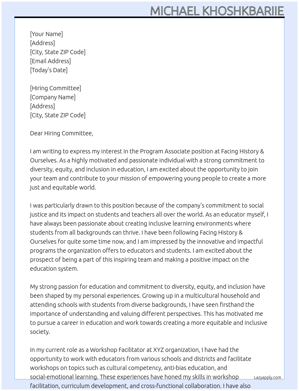 Program Associate At Facing History & Ourselves Cover Letter