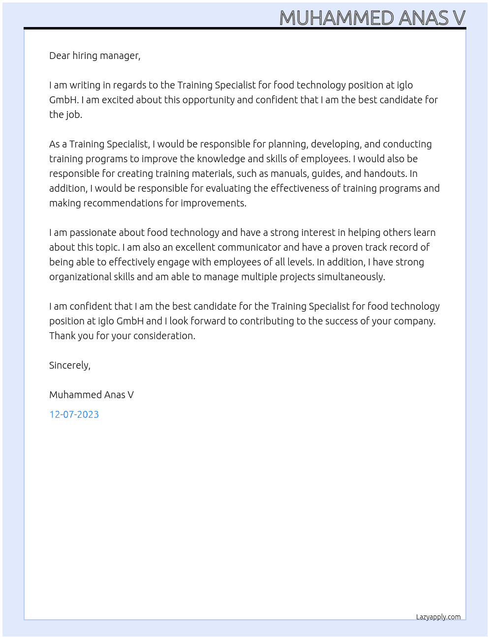 Training specialist for food technology At iglo GmbH Cover Letter