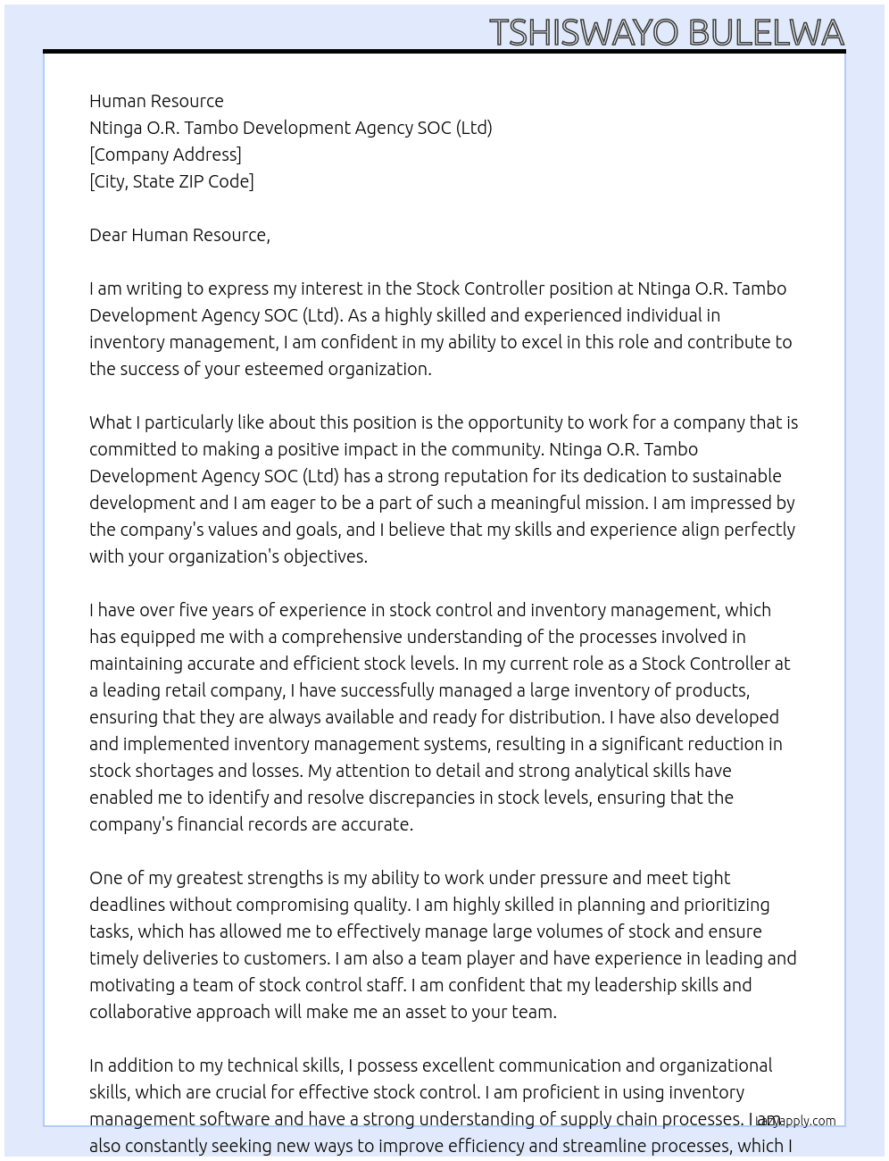 STOCK CONTROLLER At NTINGA O.R. TAMBO DEVELOPMENT AGENCY SOC (Ltd) Cover Letter