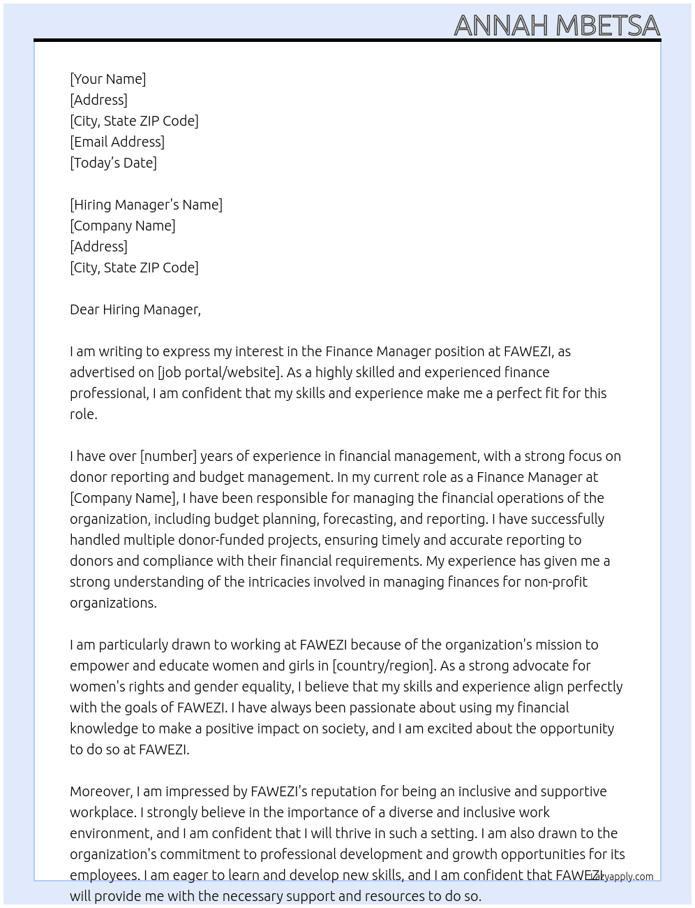 Finance Managere At FAWEZI Cover Letter