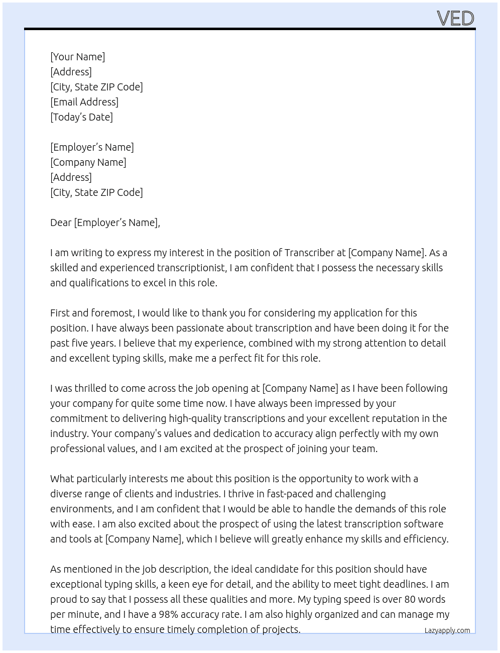 transcriber At noone Cover Letter