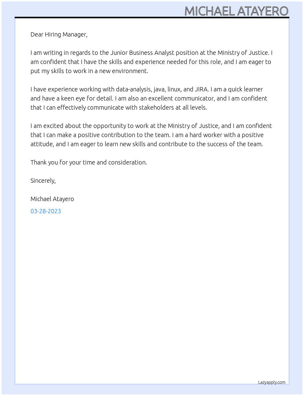 Junior Business Analyst At Ministry of  Justice Cover Letter