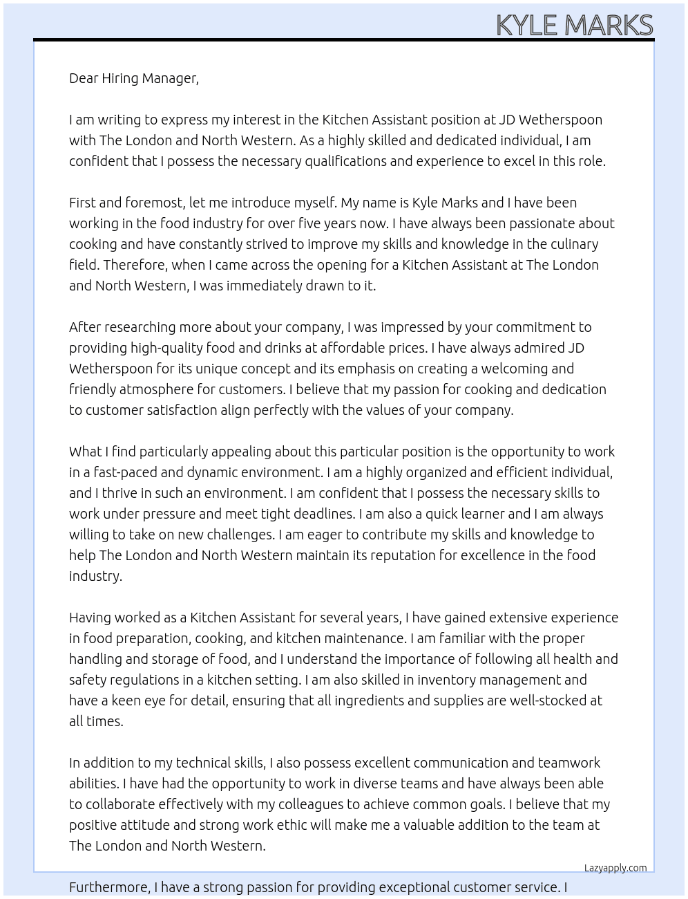Kitchen Assistant At The London and North Western - JD Wetherspoon Cover Letter
