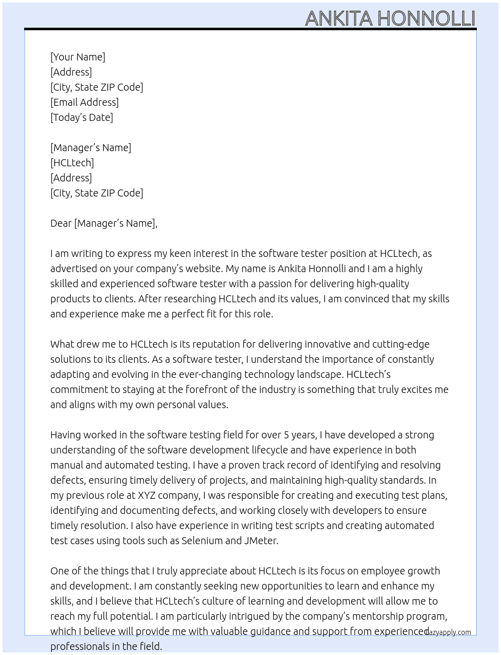 software tester At HCLtech Cover Letter