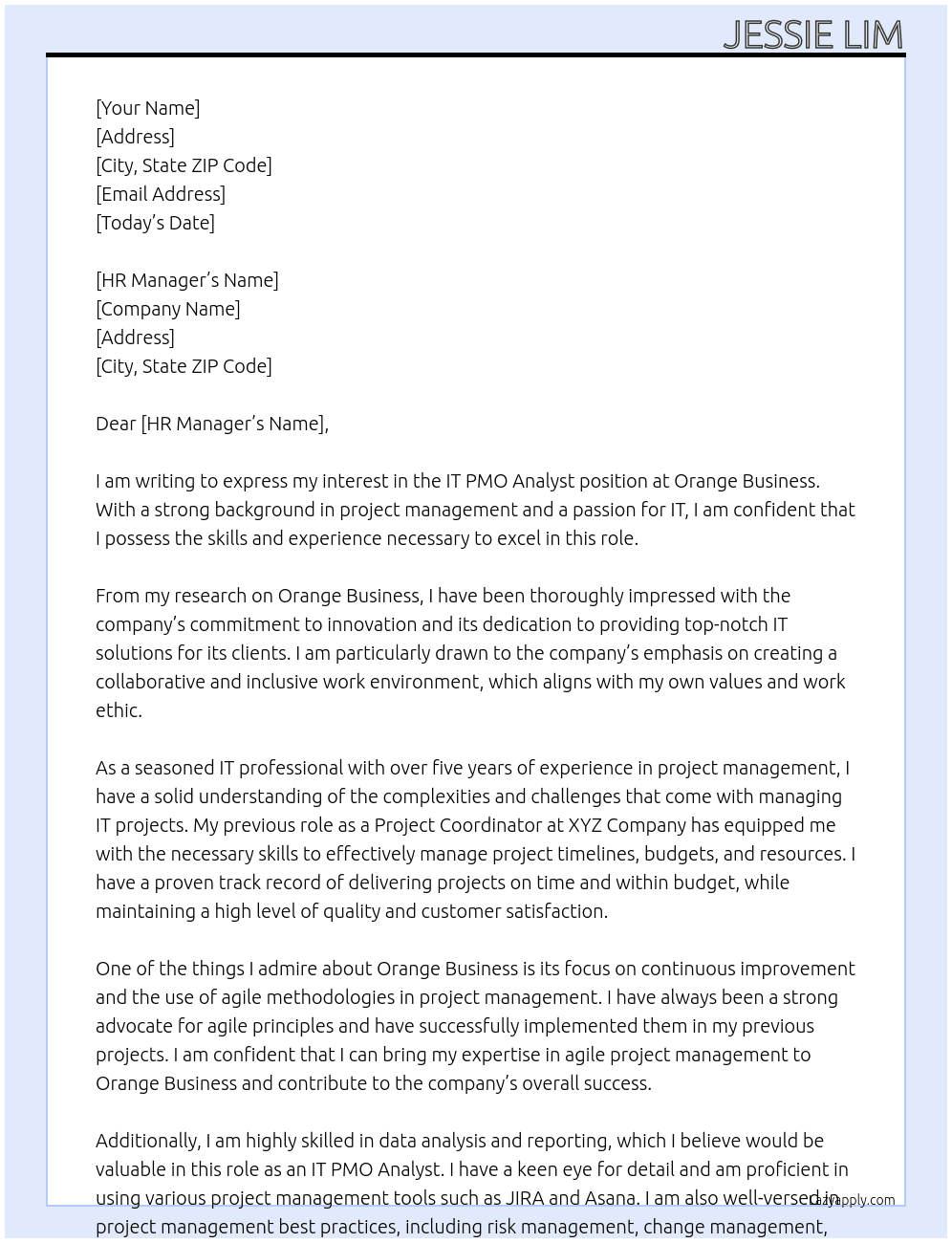 IT PMO Analyst At Orange Business Cover Letter
