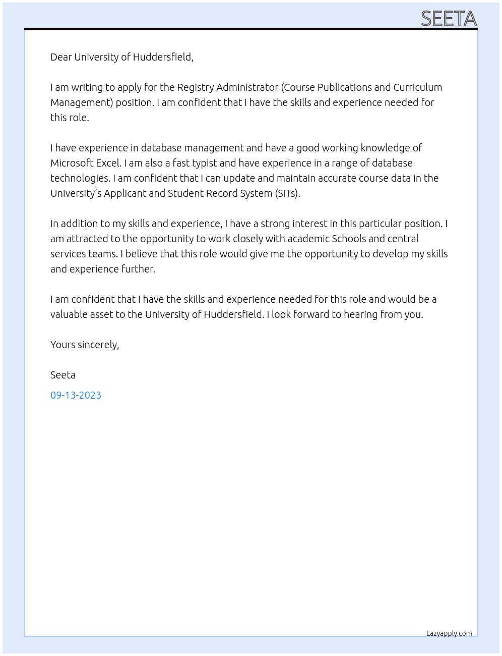 Registry Administrator (Course Publications and Curriculum Management) At University of huddersfield Cover Letter
