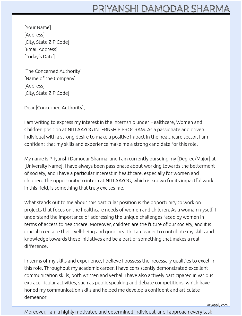 Internship under healthcare,women and children  At NITI AAYOG INTERNSHIP PROGRAM  Cover Letter