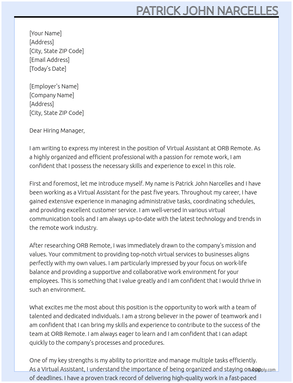 Virtual Assistant At ORB Remote Cover Letter