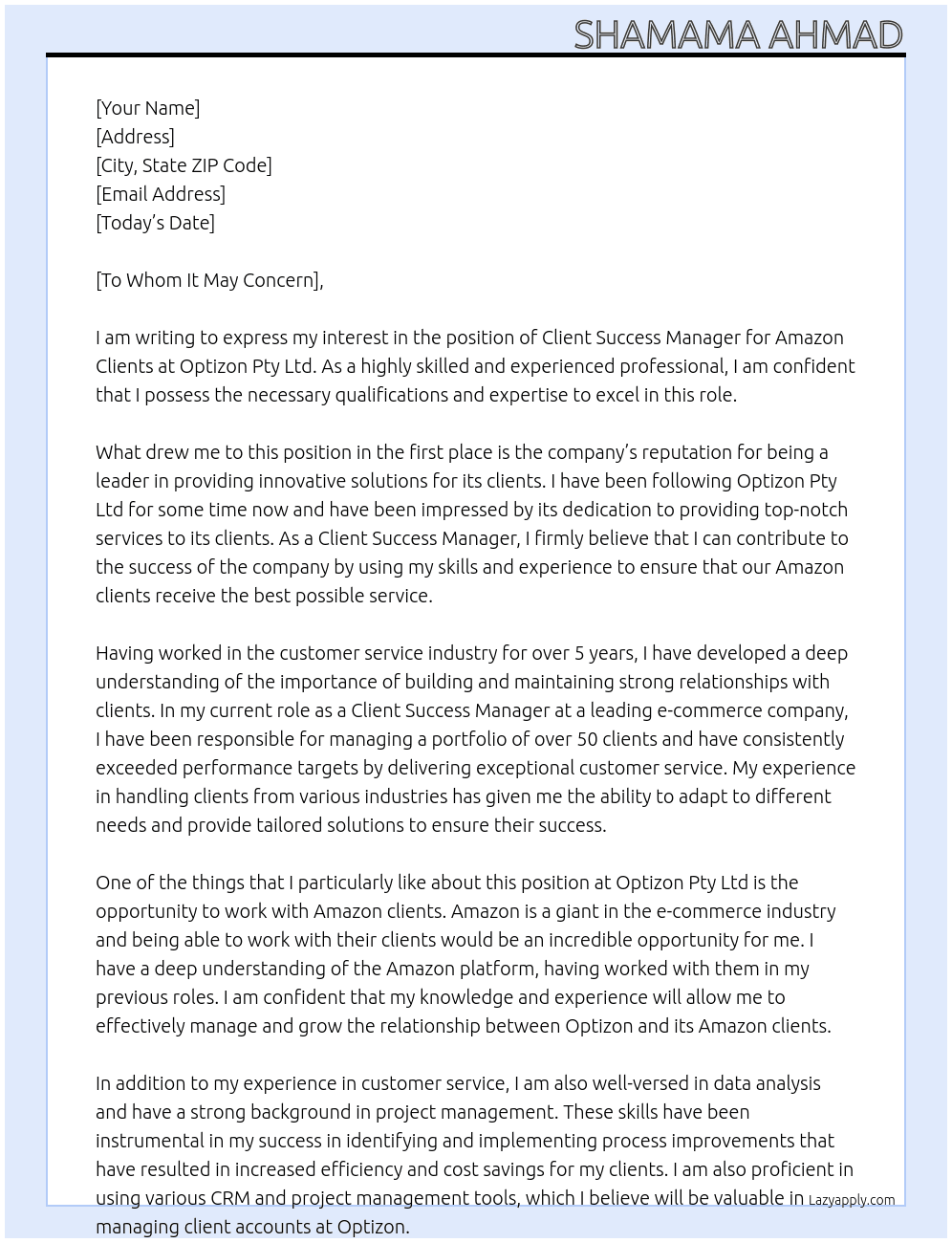 Client Success Manager - Amazon Clients At  Optizon Pty Ltd Cover Letter