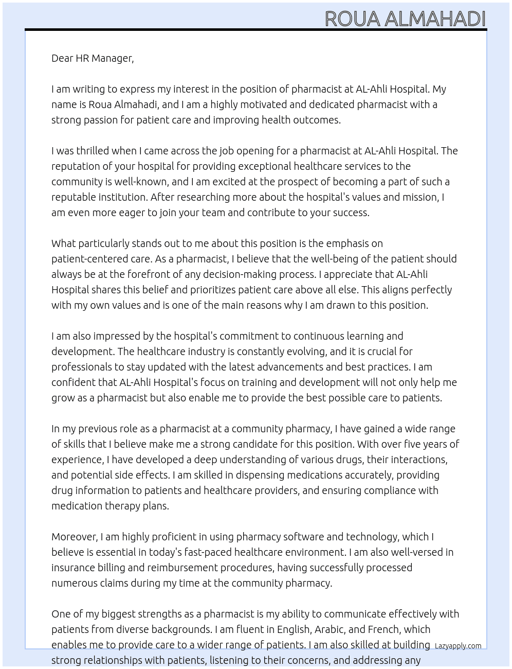 pharmacist At AL-Ahli Hospital Cover Letter