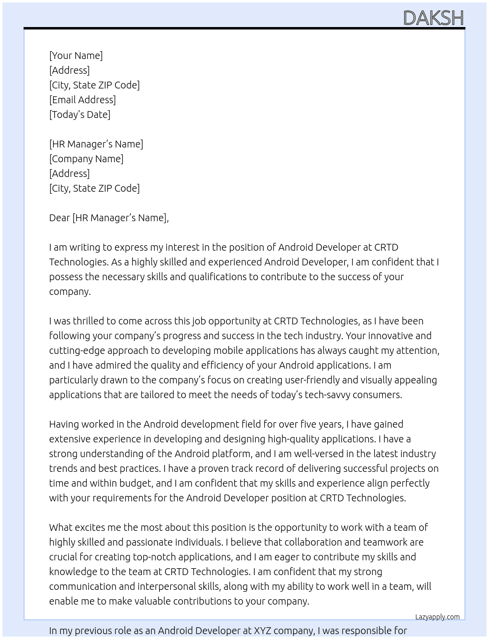 Android Developer At CRTD Technologies Cover Letter