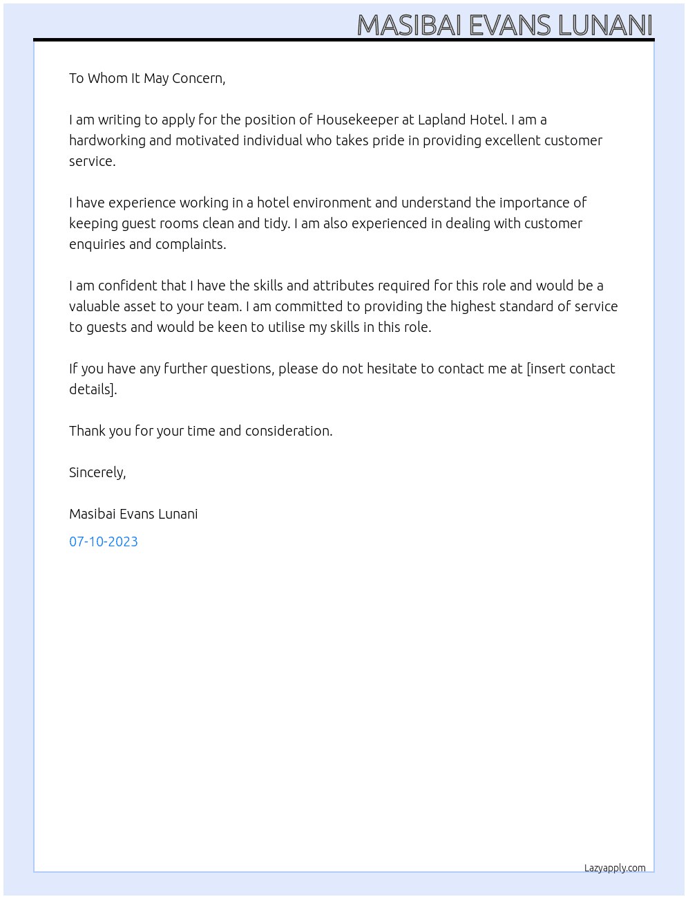 House Keeper At Lapland Hotel Cover Letter