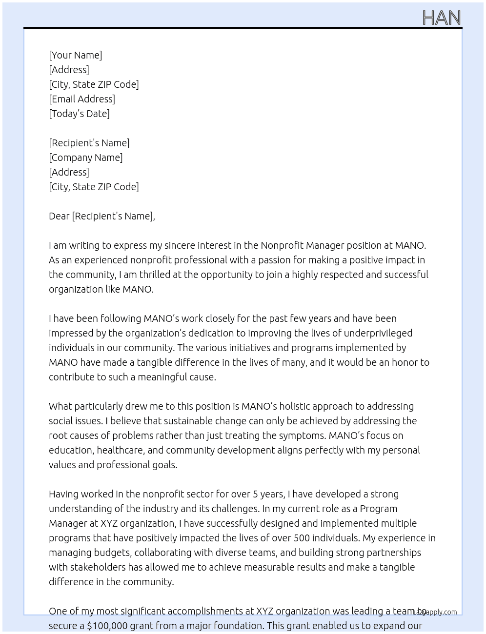 Nonprofit manager At MANO Cover Letter
