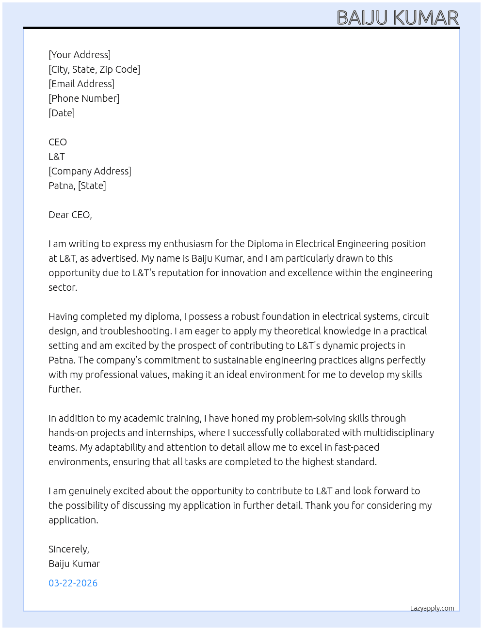 Diploma electrical engineering  At L&T Cover Letter