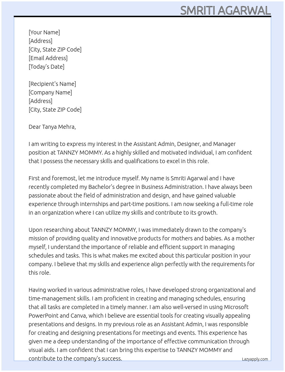 Assistant admin, Designer, Manger At TANNZY MOMMY Cover Letter