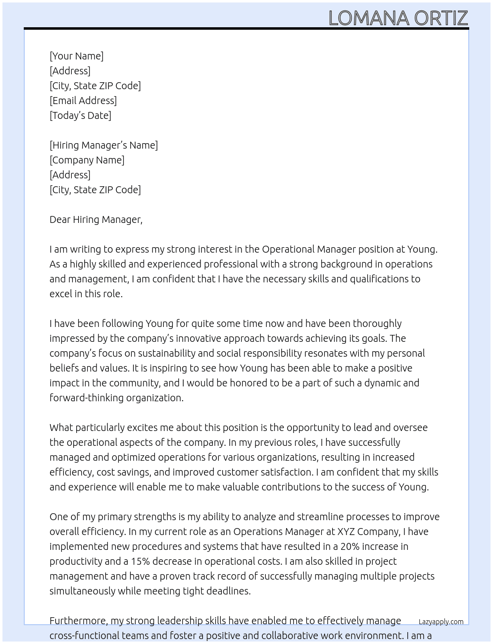 Operational Manager  At Young  Cover Letter