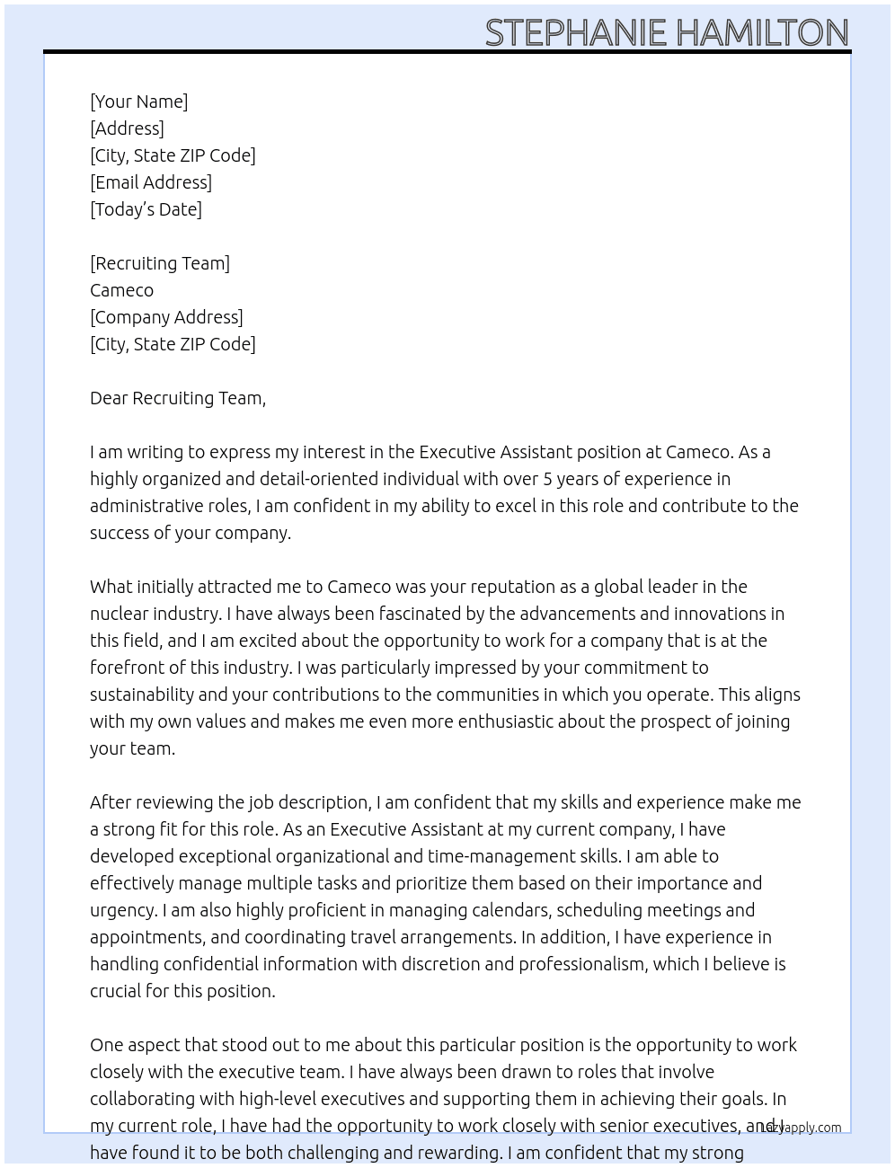 Executive Assistant At Cameco Cover Letter