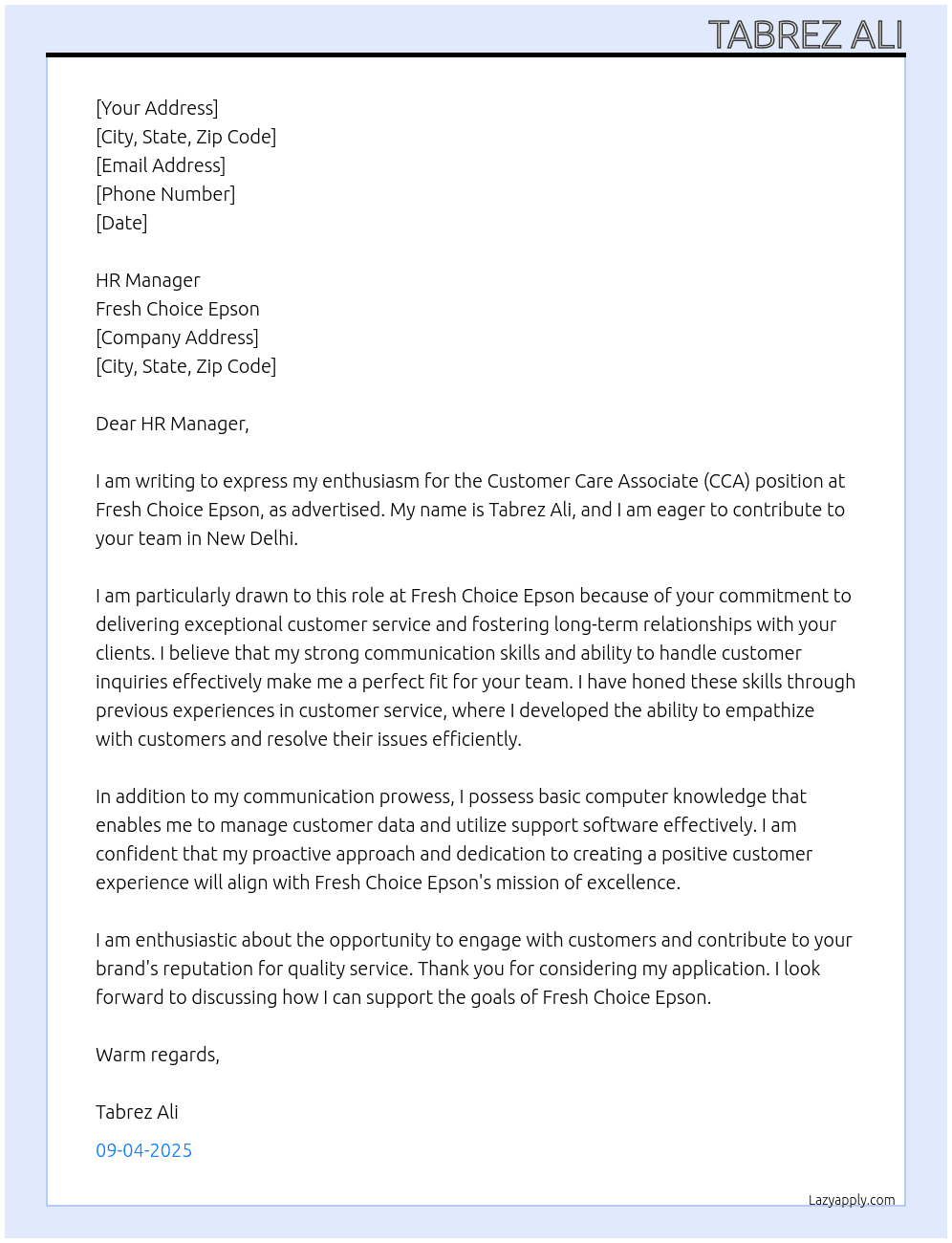 Cover letter for cca - LazyApply
