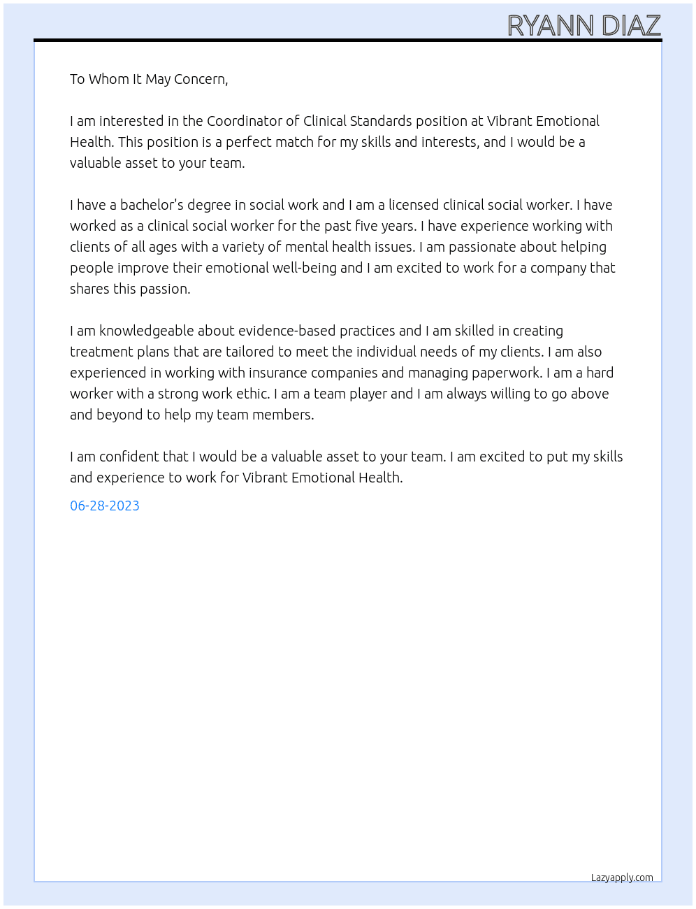 Coordinator of Clinical Standards At Vibrant Emotional Health Cover Letter