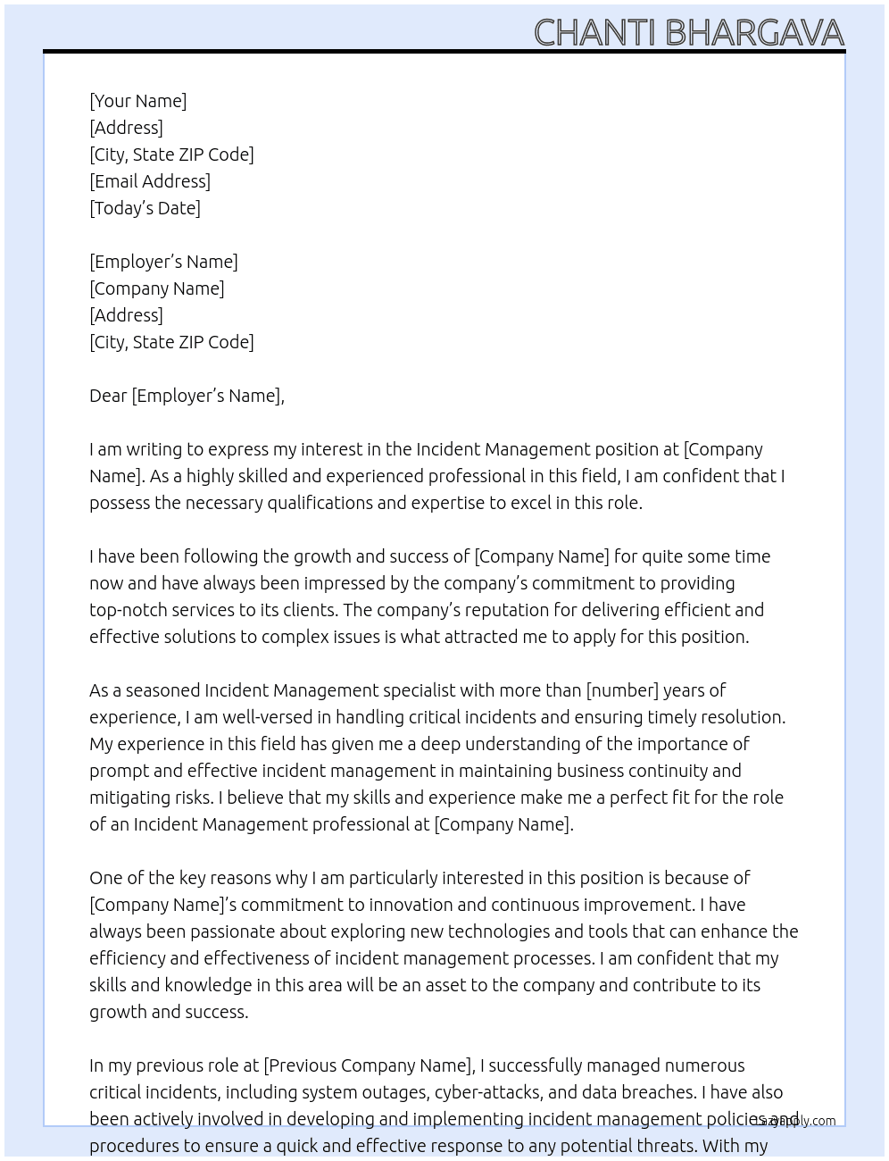 Incident Management At XXX Cover Letter