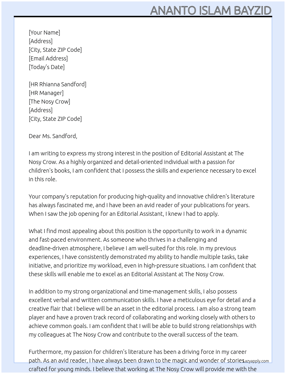 Editorial Assistant Needed At the Nosy Crow Cover Letter