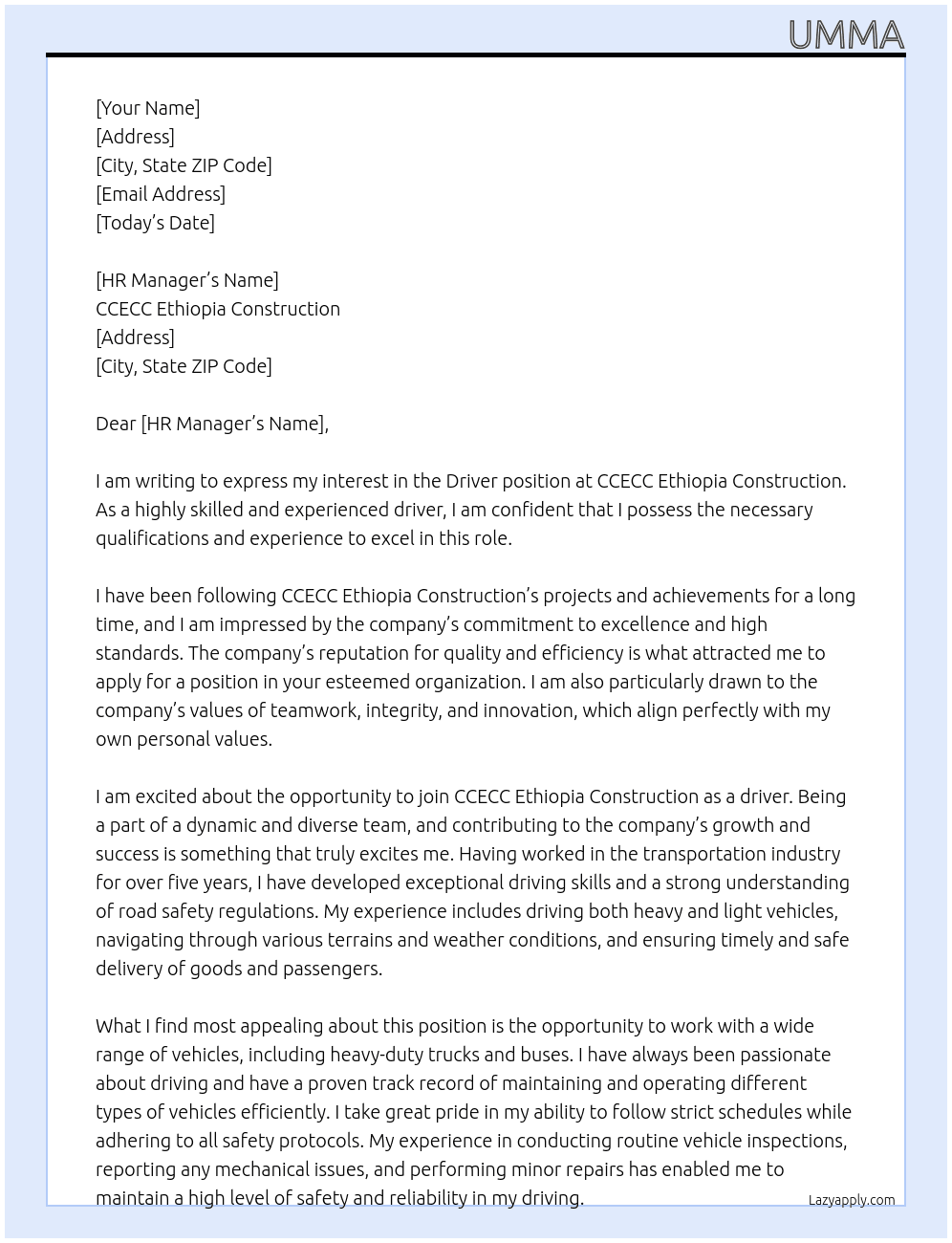 Driver  At CCECC Ethiopia Construction  Cover Letter
