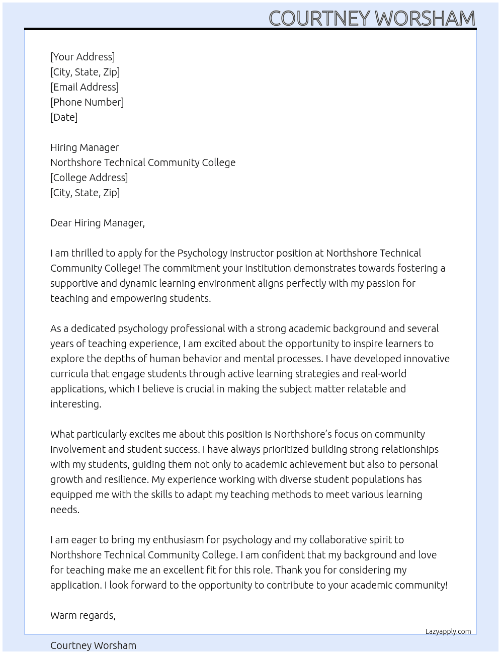 Cover letter for psychology instructor - LazyApply