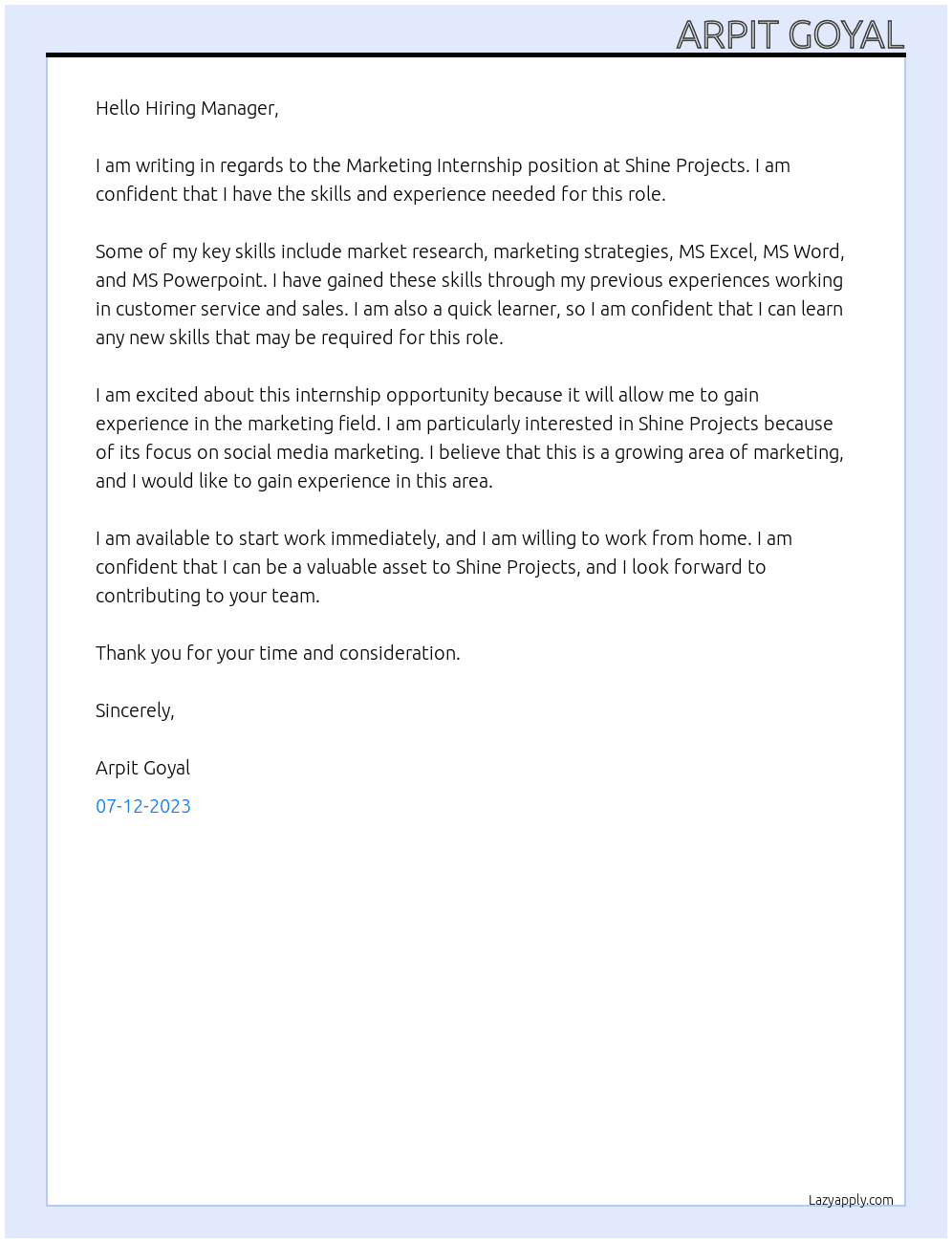 Marketing Internship At Shine Projects Cover Letter