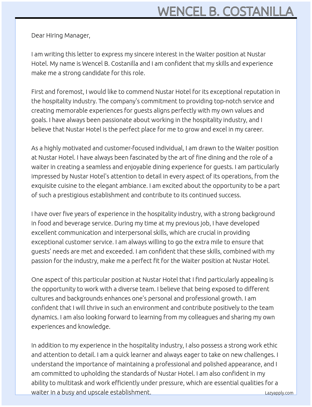 Waiter At Nustar Hotel Cover Letter