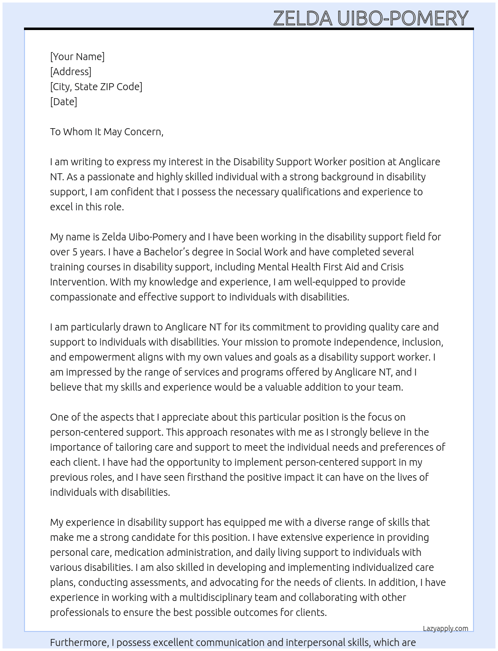 Disability Support Worker At Anglicare NT  Cover Letter