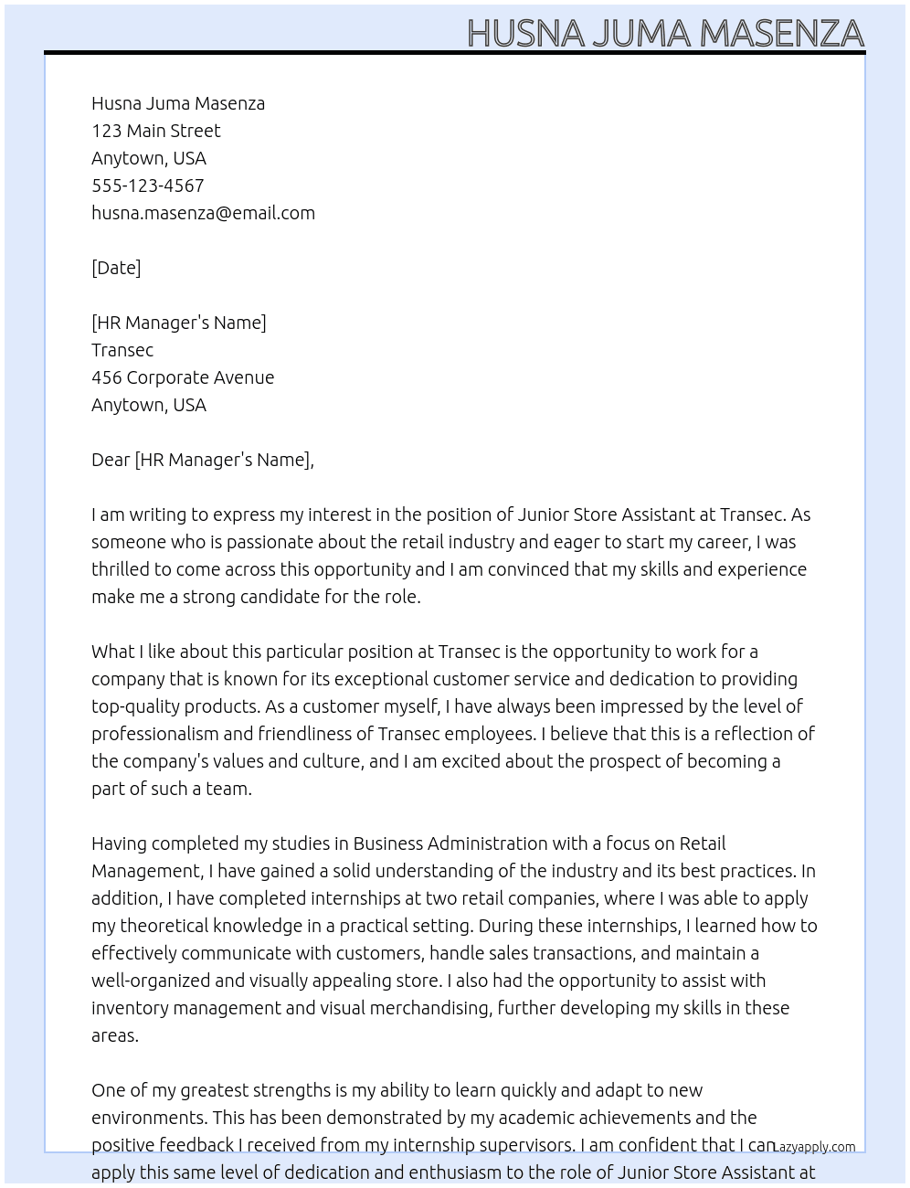 Junior store assistance At Transec Cover Letter